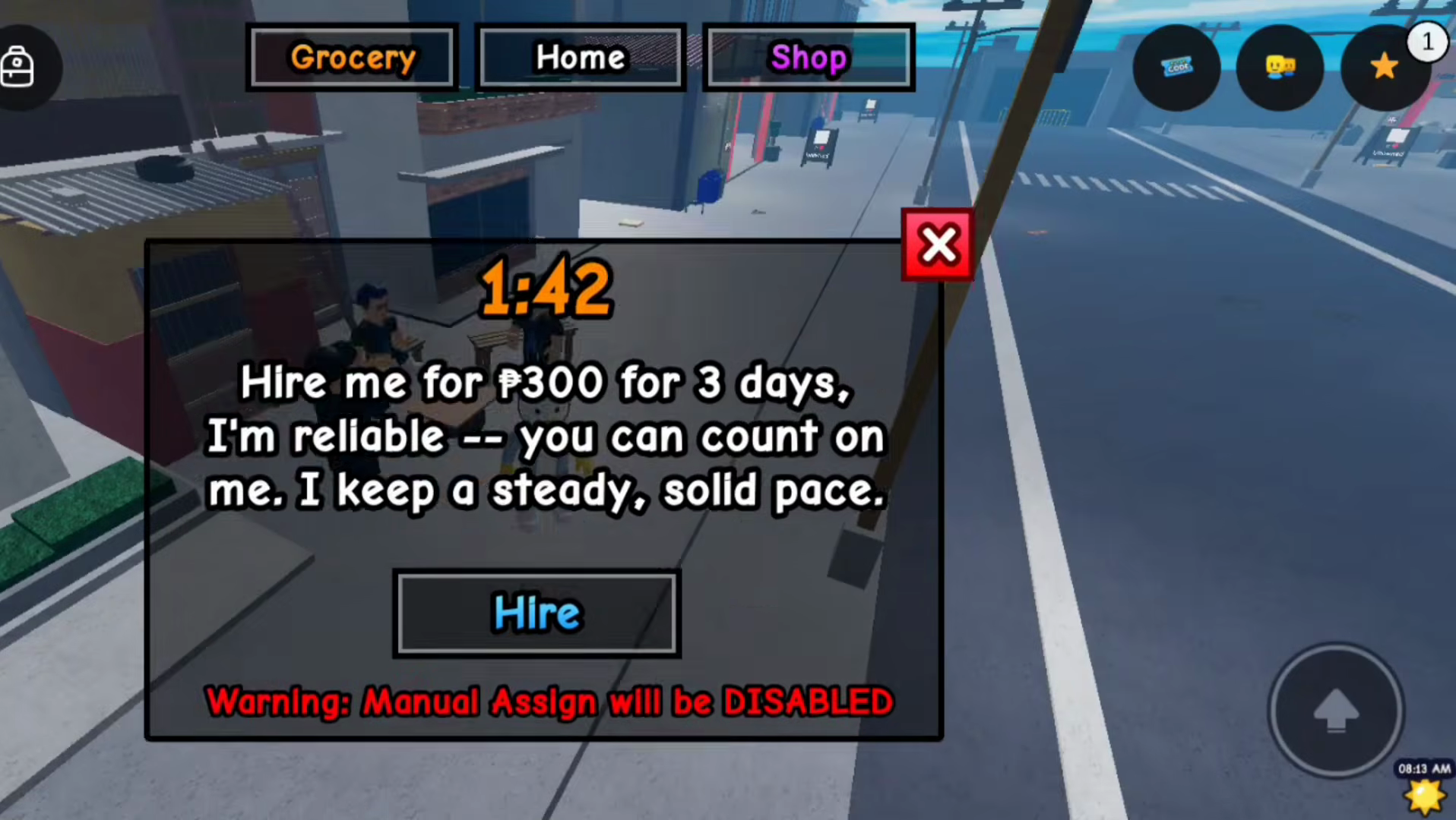 Karinderya worker Hire panel showing a three-day offer, a countdown, and a warning that Manual Assign will be disabled.