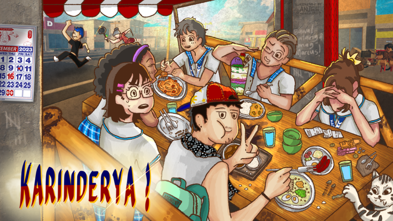Official Karinderya experience artwork showing a lively group dining around a restaurant table, with the Karinderya title.